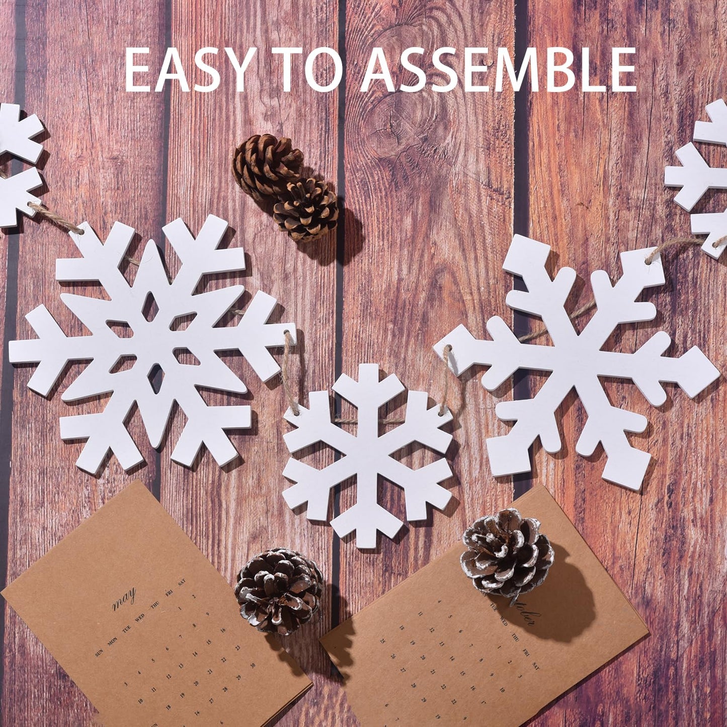 Wooden Christmas Snowflakes Ornaments, 9PCs White Snowflake Chain Hanging Ornament for Mantlepiece Window Front Door, Rustic Snowflake Embellishments Christmas Tree Decorations (white)