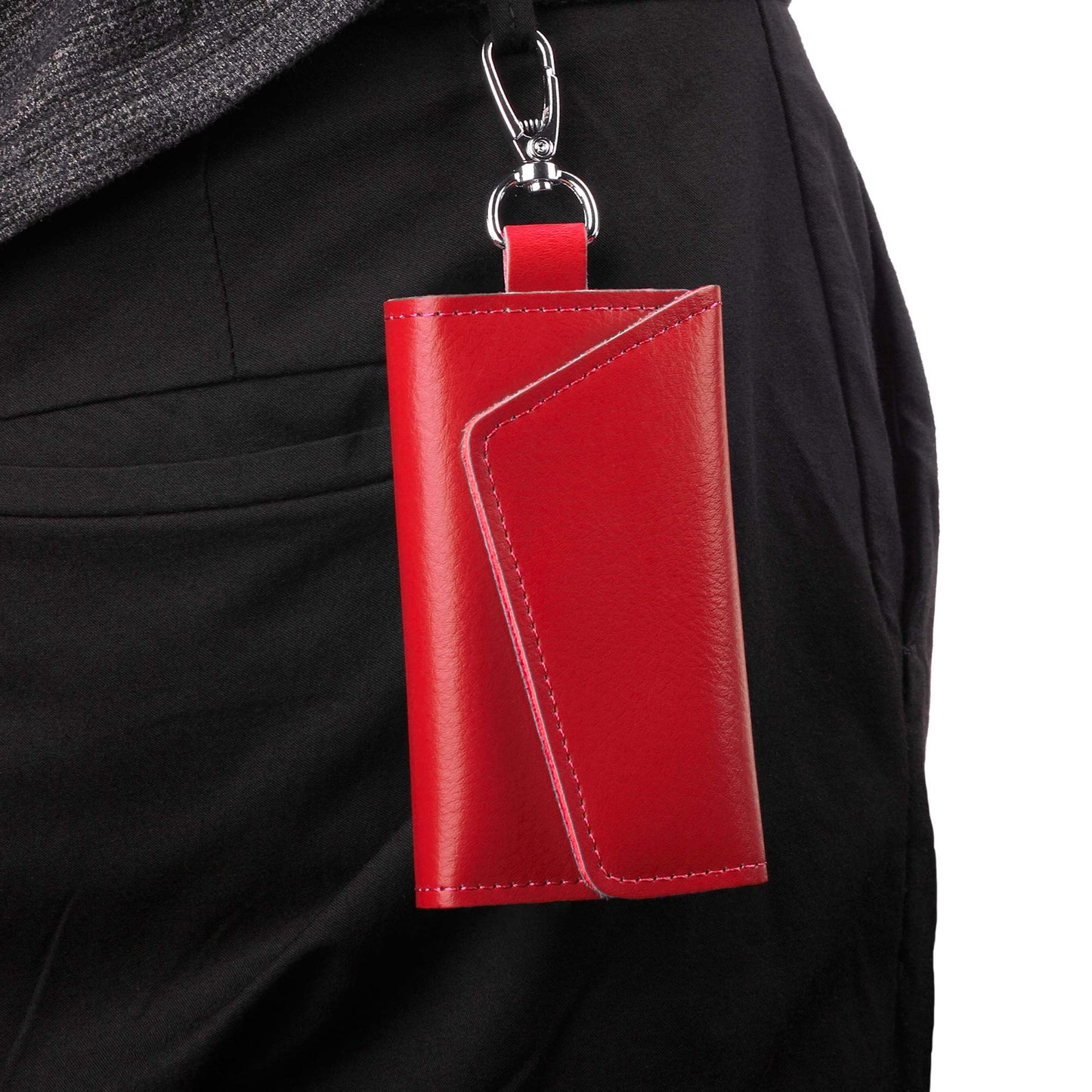 BAKUN Compact Leather Car Key Case, Key Holder Key Organizer Wallet, With 6 Hooks(Red)