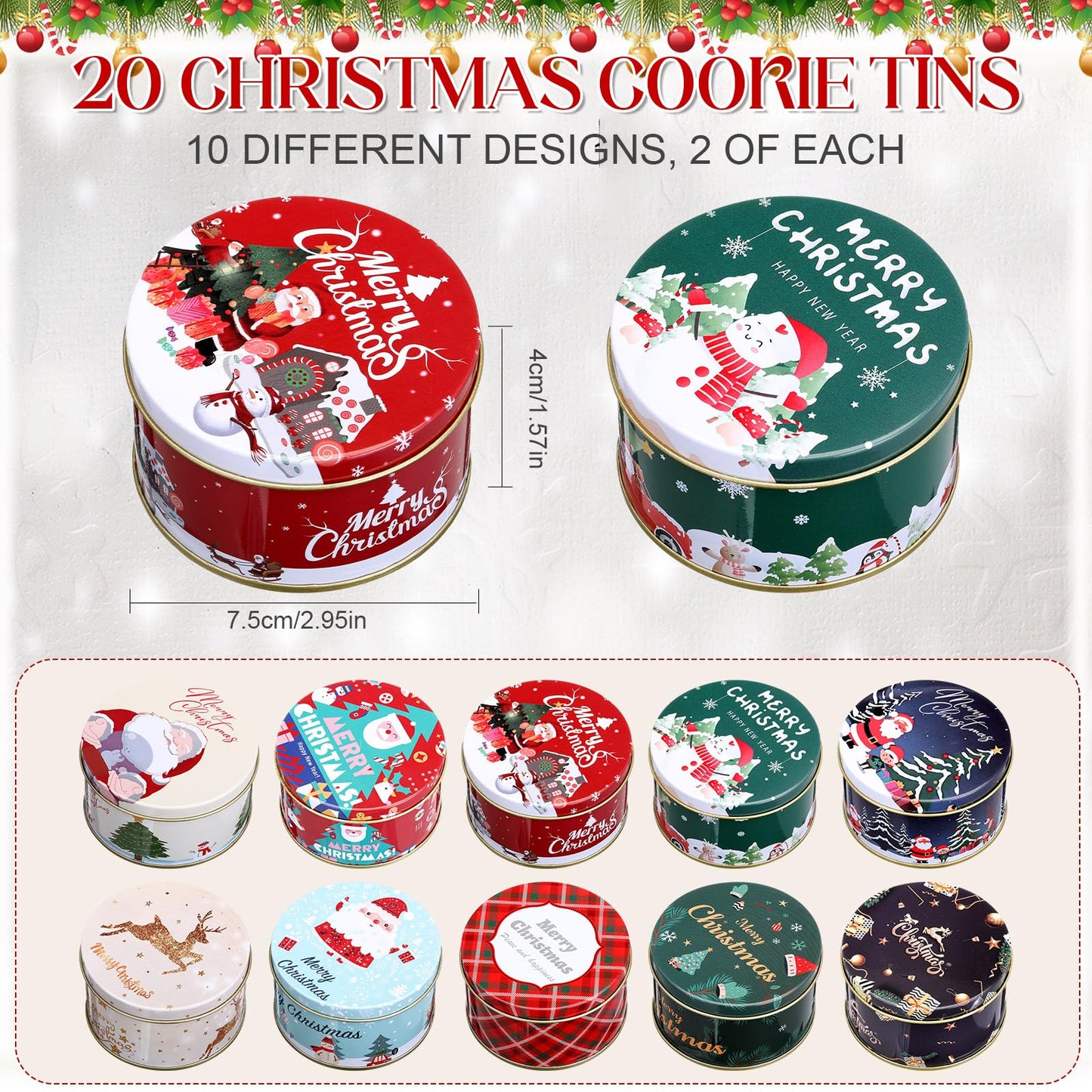 Acellegic 20 Pcs Christmas Cookie Tins with Lids for Gift Giving Small Xmas Tin Containers Round Iron Christmas Tins Empty Cookie Jar for Gift Giving Holiday Party Favors