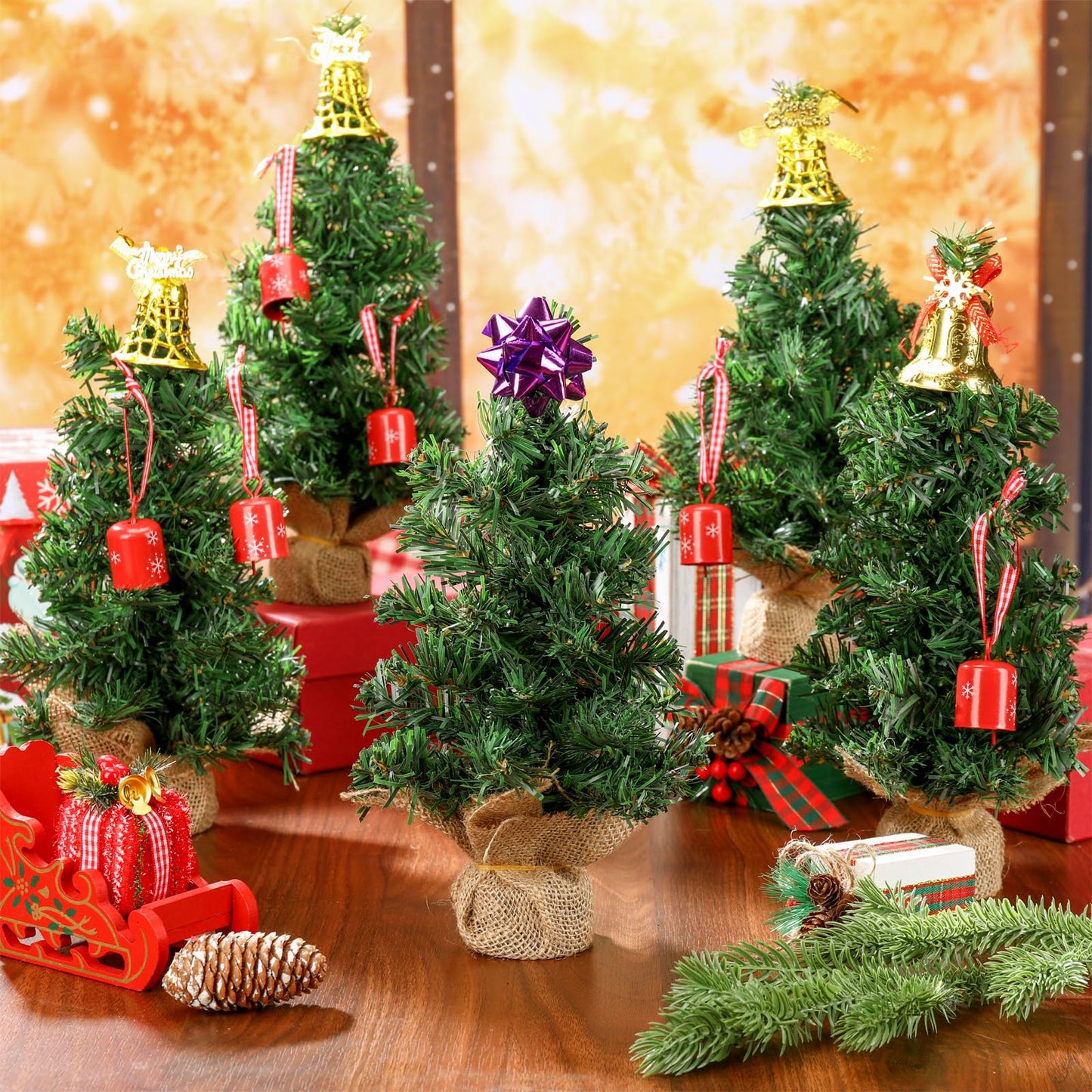 Yinder Tabletop 6 Pcs Mini Christmas Tree 11.81 Inch Artificial Mini Xmas Miniature Pine Christmas Tree with Linen Base for Xmas Holiday Decorations Indoor Home Kitchen Dining Table