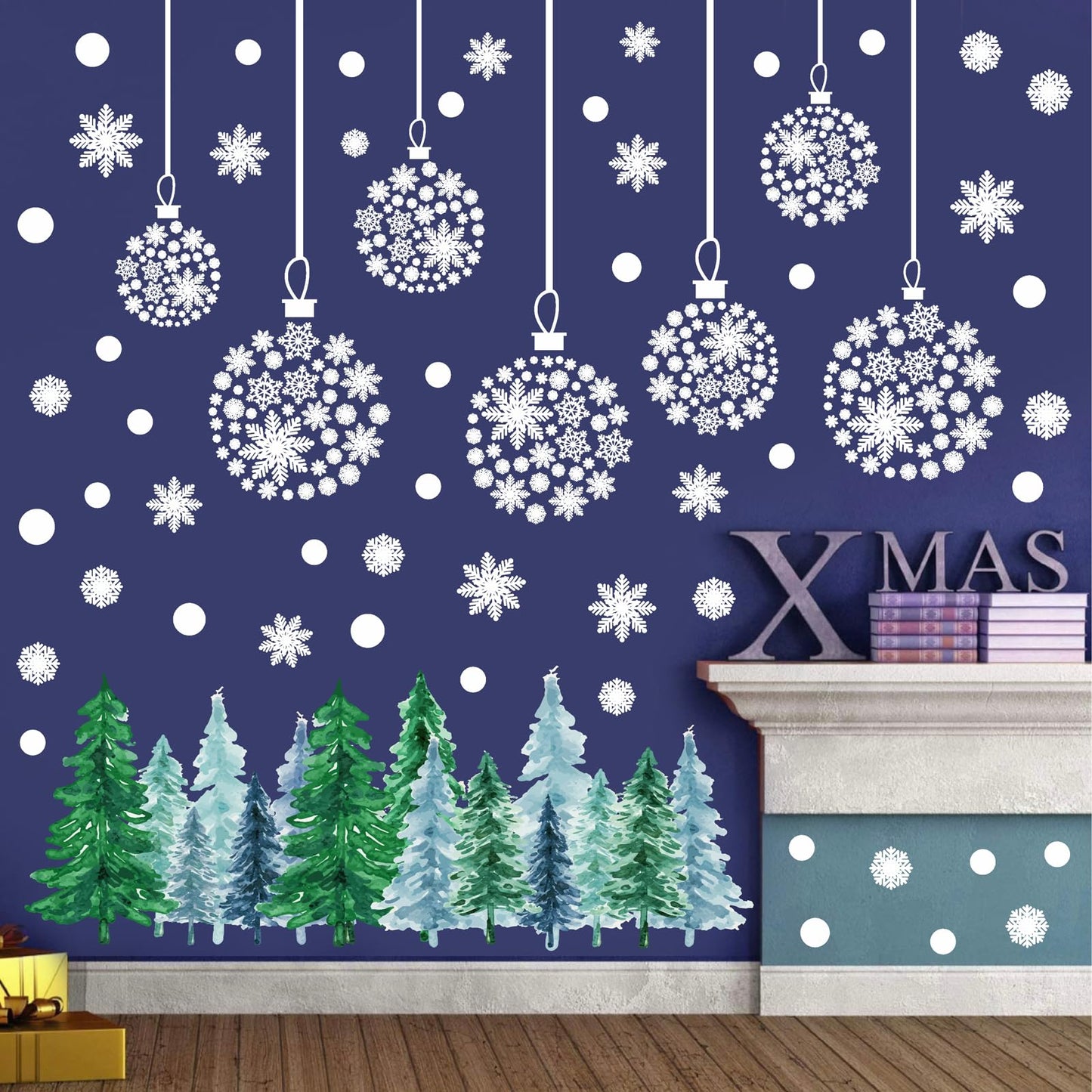 Christmas Tree Wall Decals Winter Snow Pine Tree Wall Stickers Christmas Snowflakes Window Cling Decals Xmas Pine Tree Wall Stickers Removable Christmas Window Stickers Holiday Decoration