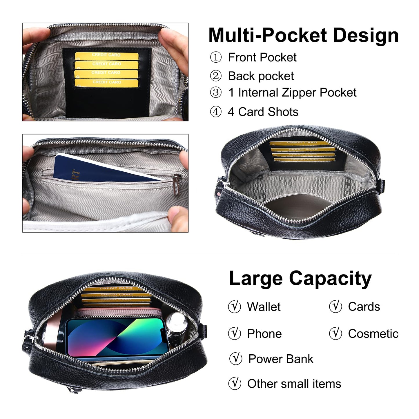 Utenwat Small Crossbody Bags for Women Genuine Leather, Guitar Strap Shoulder Handbag Purse Camera Bag with Rfid Card Slots, Black