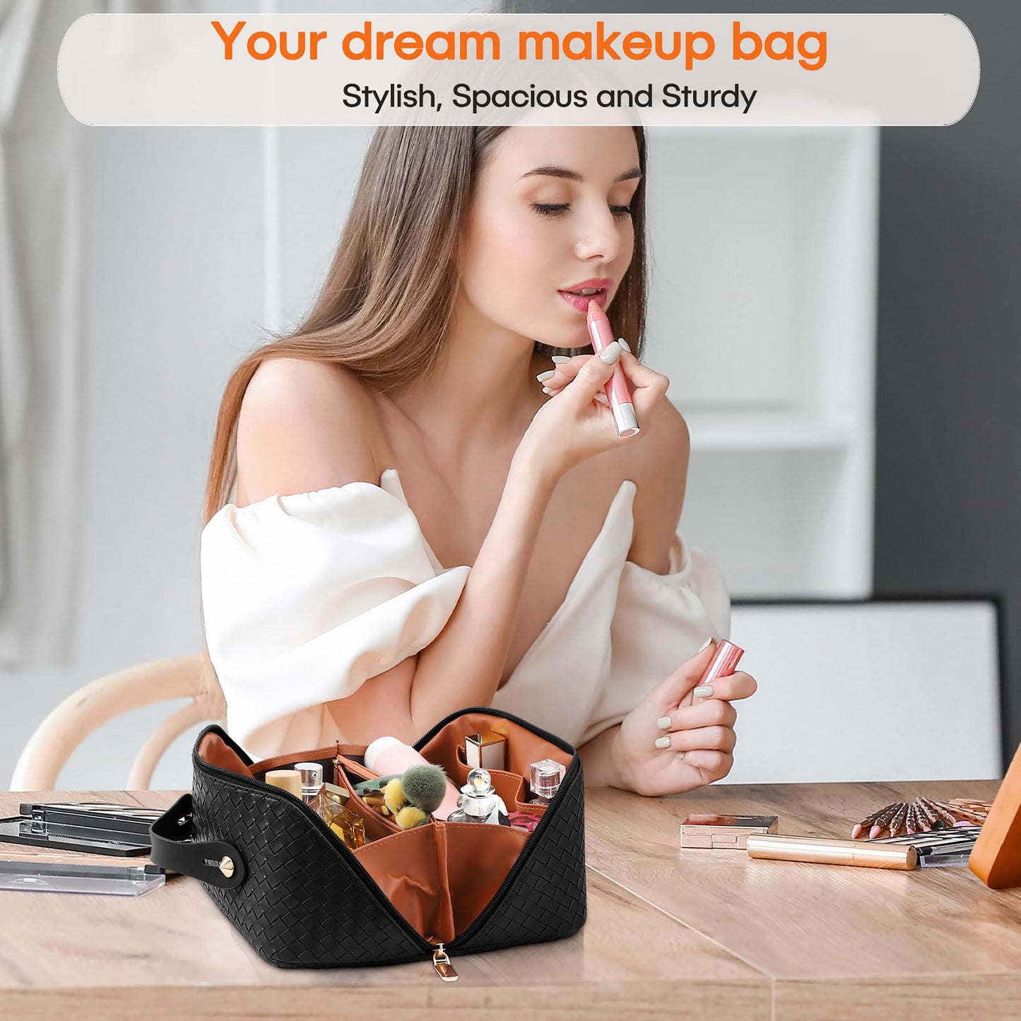 Large Capacity Travel Cosmetic Bag - PU Leather Makeup Organizer Bag Portable Woven Makeup Bags for Women Waterproof Travel Toiletry Bag with Divider Pouch, Black