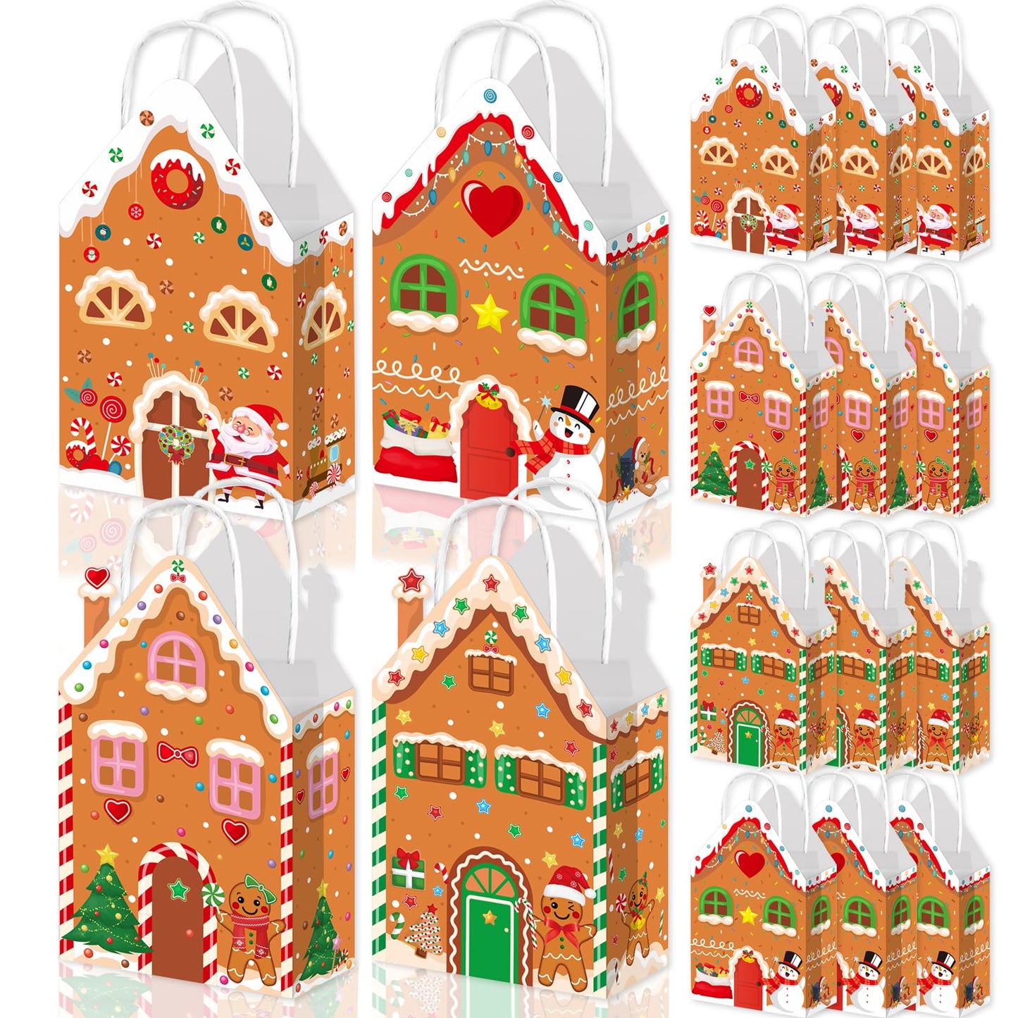 Qpout 12Pcs Christmas Party Favors Bags, Gingerbread House Shaped Gift Bags with Handles Paper Snack Goodie Candy Treat Bags for Winter Xmas Holiday Gift Wrapping Baby Shower