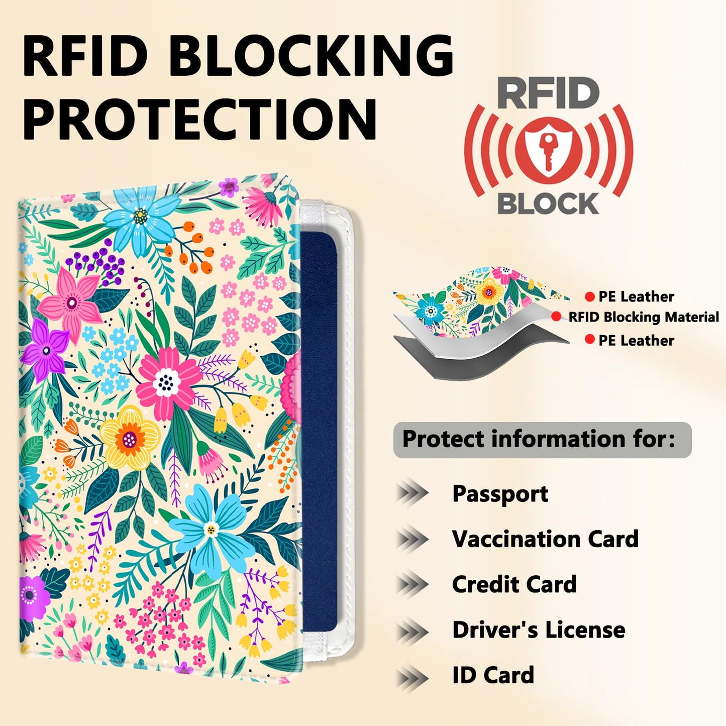 Passport Holder for Travel Essentials, RFID Premium Leather Passport Wallet Cover Case for Travel Must Haves Accessories, Passport Holders for Women Men beautiful flowers