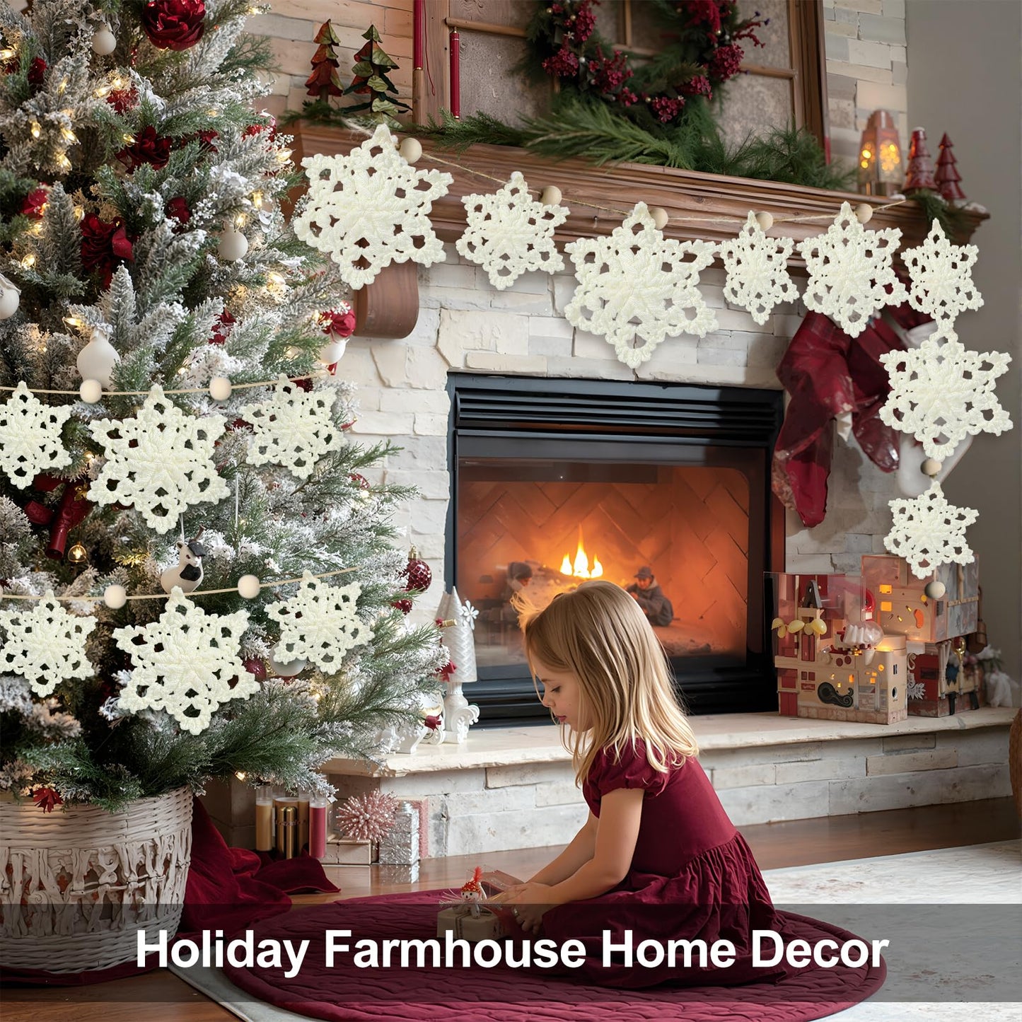 Tudomro Christmas Crochet Snowflake Garland 6.56ft Rustic Handmade Xmas Banner Snowflake Wooden Beads Farmhouse Hanging Decor for Mantel Fireplace Home Room Wall Window Door Gift
