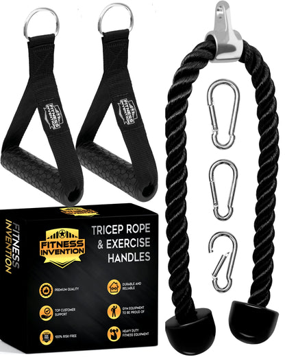 Fitness Invention Tricep Rope Cable Attachment 35" - Cable Machine Handles 2X - Carabiner Clips 3X - Tricep Pull Down Rope for Gym