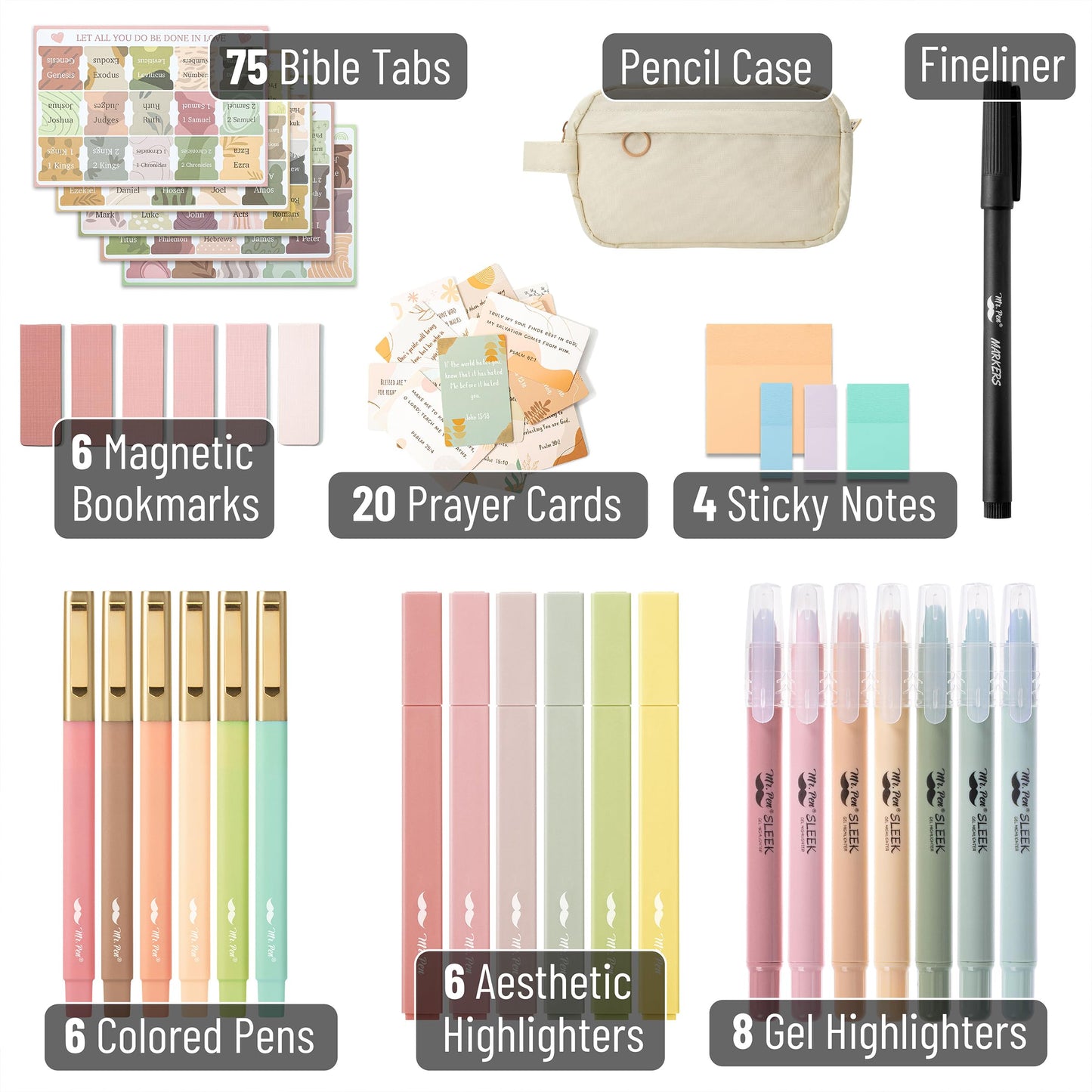 Mr. Pen- Bible Journaling Kit for Women, Bible Highlighters and Pens No Bleed, Pencil Case, Fineliner, Prayer Cards, Tabs, Magnetic Bookmarks, Transparent Sticky Notes, Mothers Day Gift