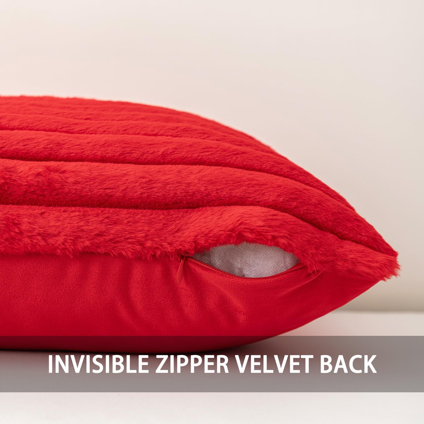 Aegero Pack of 2 Faux Fur Christmas Throw Pillow Covers 18x18 Inch, Soft Plush Striped Neutral Couch Pillow Cover, with Velvet Back Modern Home Decor for Sofa Living Room Couch Bed Red