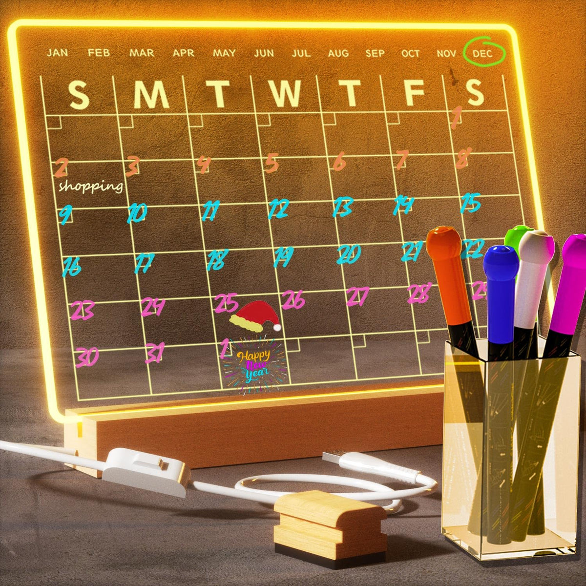 Light Up Clear Dry Erase Calendar 13 x 9 inch with 5 Markers, Acrylic Lighting Markable Calendar Board Agenda for Bedroom/Office/Home/Kitchen