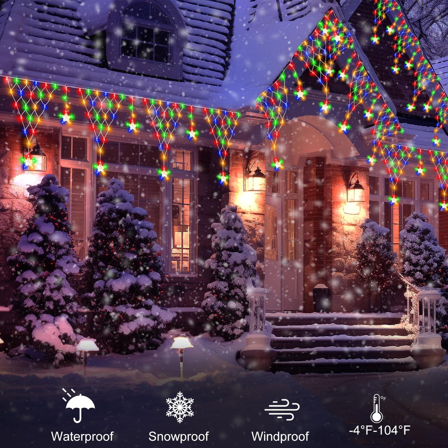 DBFAIRY Christmas Star Net Lights,196LED Connectable Dual Color Changing Fairy Net Lights, 13.1x1.9Ft Plug in Curtain Mesh Light Waterproof with Timer for Porch Fence Window (Warm White & Multicolor)