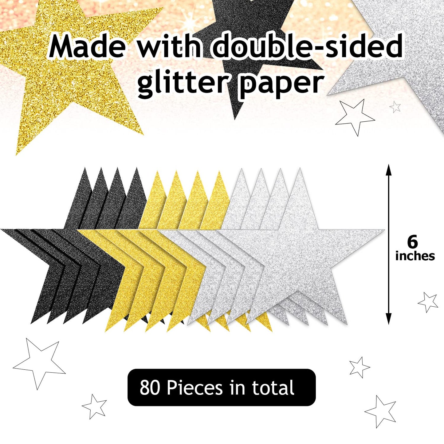 Gejoy 80 Pieces Glitter Stars Cutouts Gold Stars Decoration Double Printed Paper Star for Movie Night Bulletin Board Decoration Classroom Wall Graduation Party Decorations 6 Inches Gold, Silver, Black