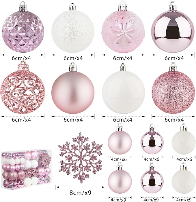 SY CRAFT 86 Pieces of Assorted Shatterproof Christmas Ball Snowflake Ornaments Seasonal Decorative Hanging Ornament Set with Hand-held Gift Package for Xmas Tree Decorations (86PCS, Pink)