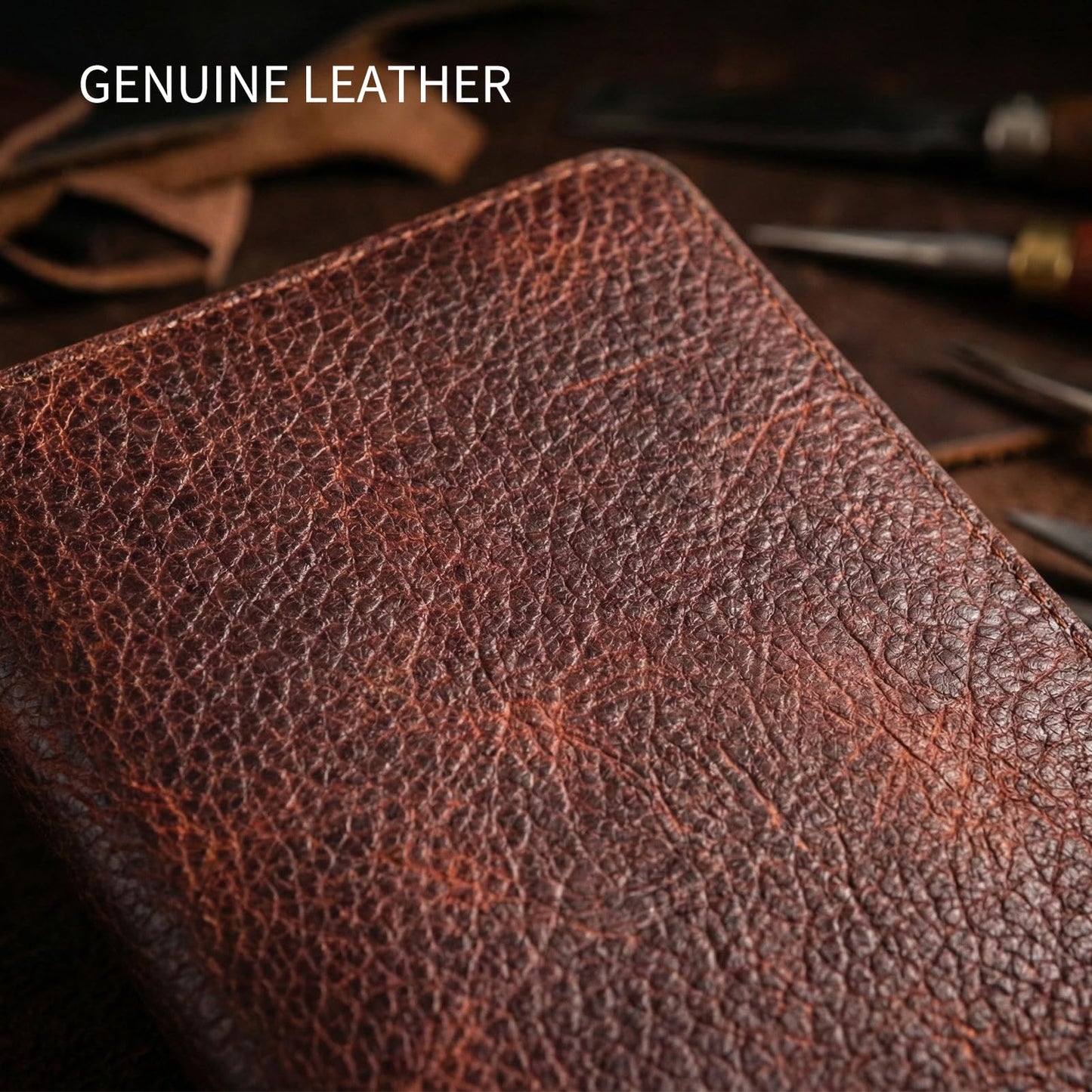 RMAWRAD genuine leather long bi-fold wallet/card holder, unisex, made of full-grain cowhide, with card slots and a coin purse, dark brown.