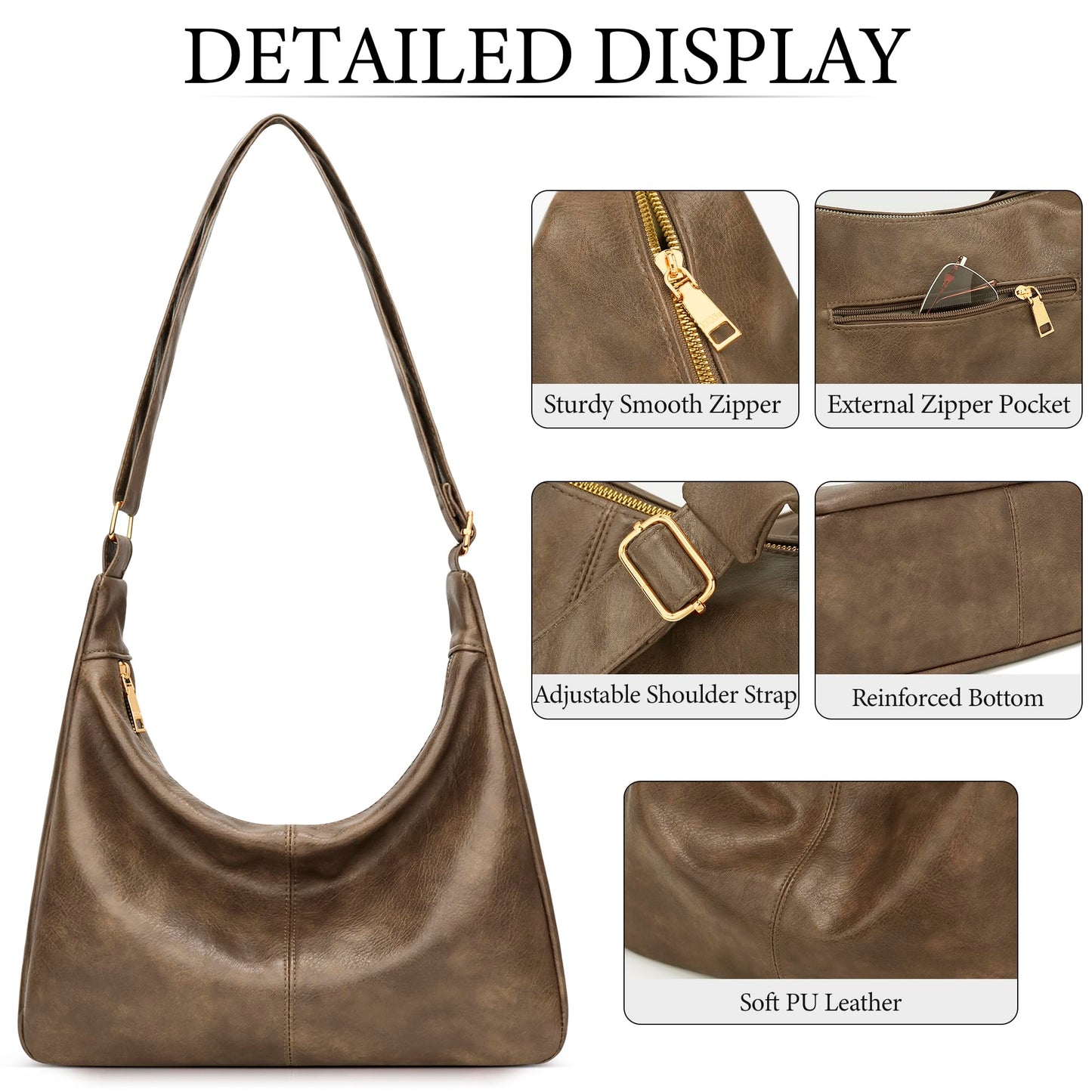 KKXIU Slouchy Hobo Bags for Women - Ultra Soft Foldable Shoulder Handbag Vegan Leather Tote Purse with Reinforced Zipper (Apricot)