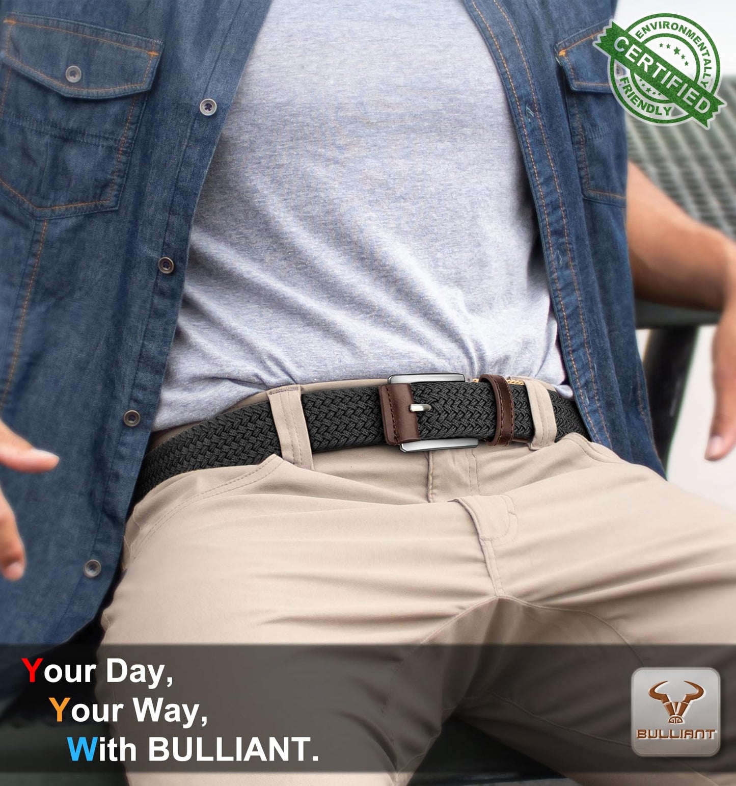 BULLIANT Belt for Men 2Pack,Mens Gift Stretch Braided Web Belt Elastic for Casual Golf Jeans,1 3/8"(Black/Deep Brown,36"-40" Waist Adjustable)