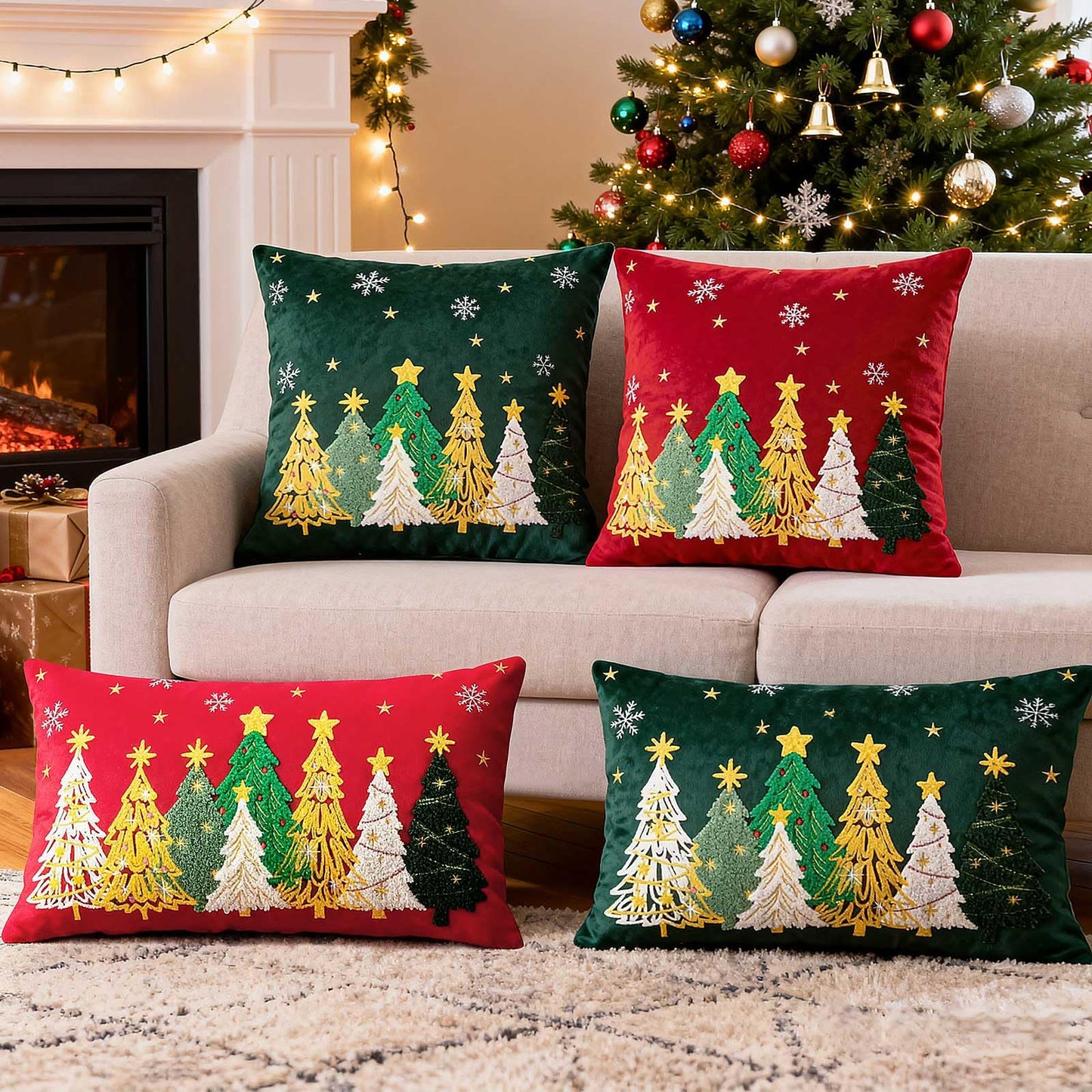 Lanpn 18x18 Christmas Pillow Covers Set of 2, Embroidery Cute Christmas Tree Decorative Holiday Pillowcase Pillow Case Cushion 18 x 18 for Indoor Home Bedroom Sofa Couch Xmas Decor