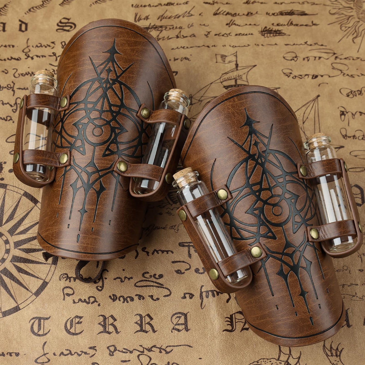 HiiFeuer Women’s Medieval Embossed Alchemy Bracers with 2 Cork Vials, Fantasy Faux Leather Buckle Arm Guards Archer Gauntlets (Brown B)