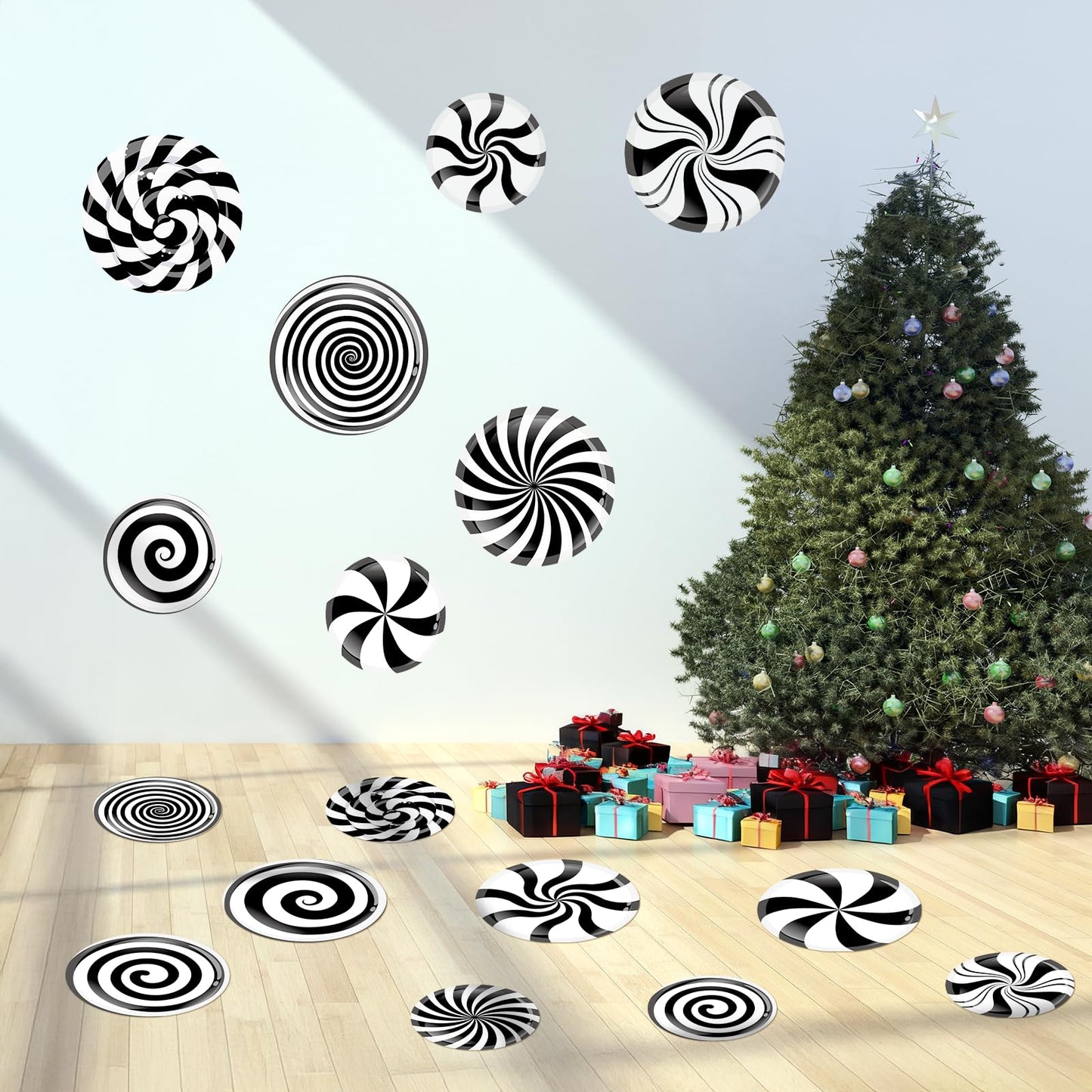YooNotee 16 Pcs Large Peppermint Christmas Floor Decals Removable Pastel Candy Christmas Floor Stickers Xmas Wall Decals for Home Counters Party Decorations (Black and White,Classic)