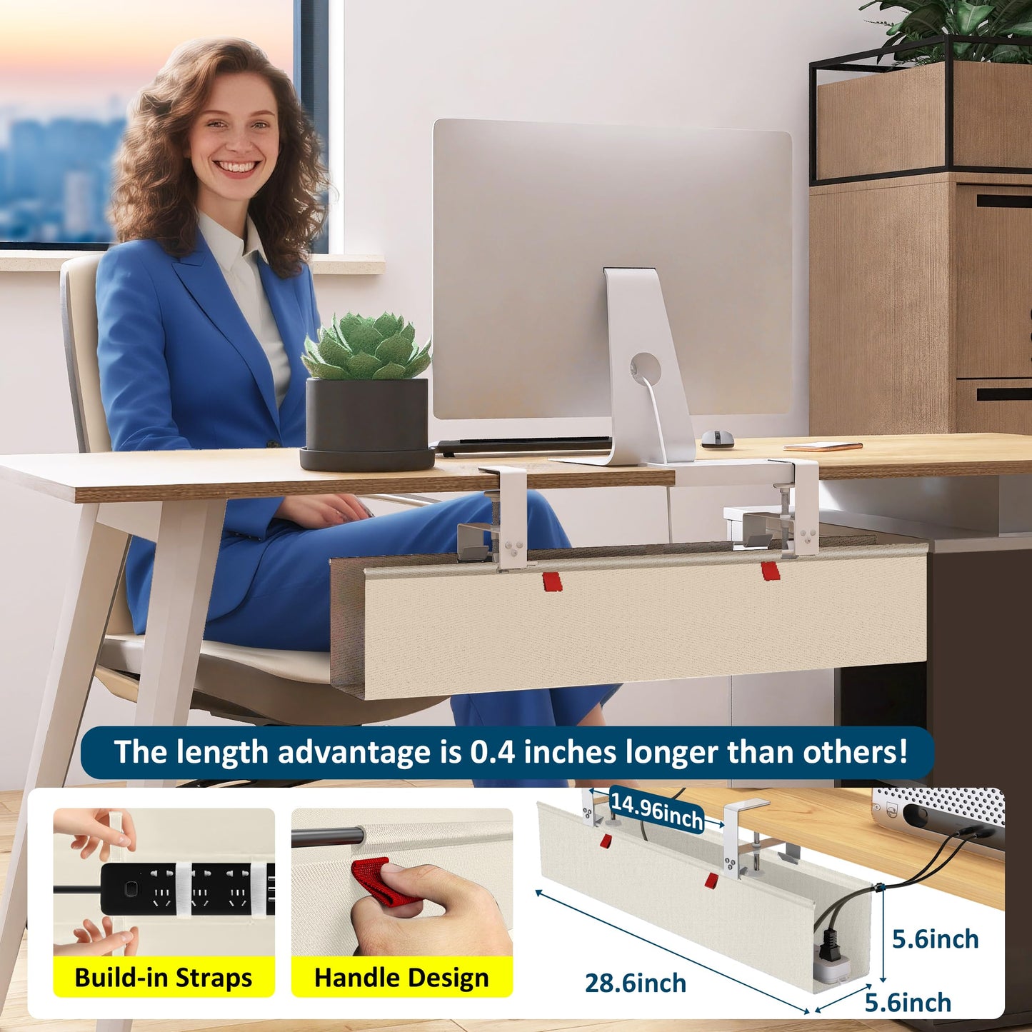 28" Small Under Desk Cable Management Tray No Drill, Compact Clamp On Cord Organizer for Dorm & Small Desk, Anti-Sag Oxford Fabric Wire Hider, Power Strip Holder (Beige, 28.6")