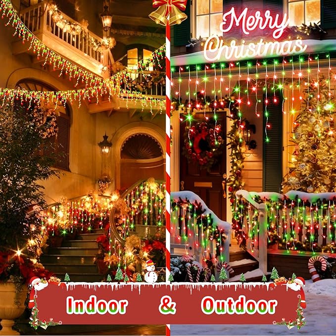 JXLEDAYY 65 FT 640 LED Christmas Lights Outdoor Decorations Clear Wire String Lights Plug in 120 Drops 8 Modes Memory Timer Curtain Fairy Lights Waterproof for Holiday Wedding Party-Red and Green