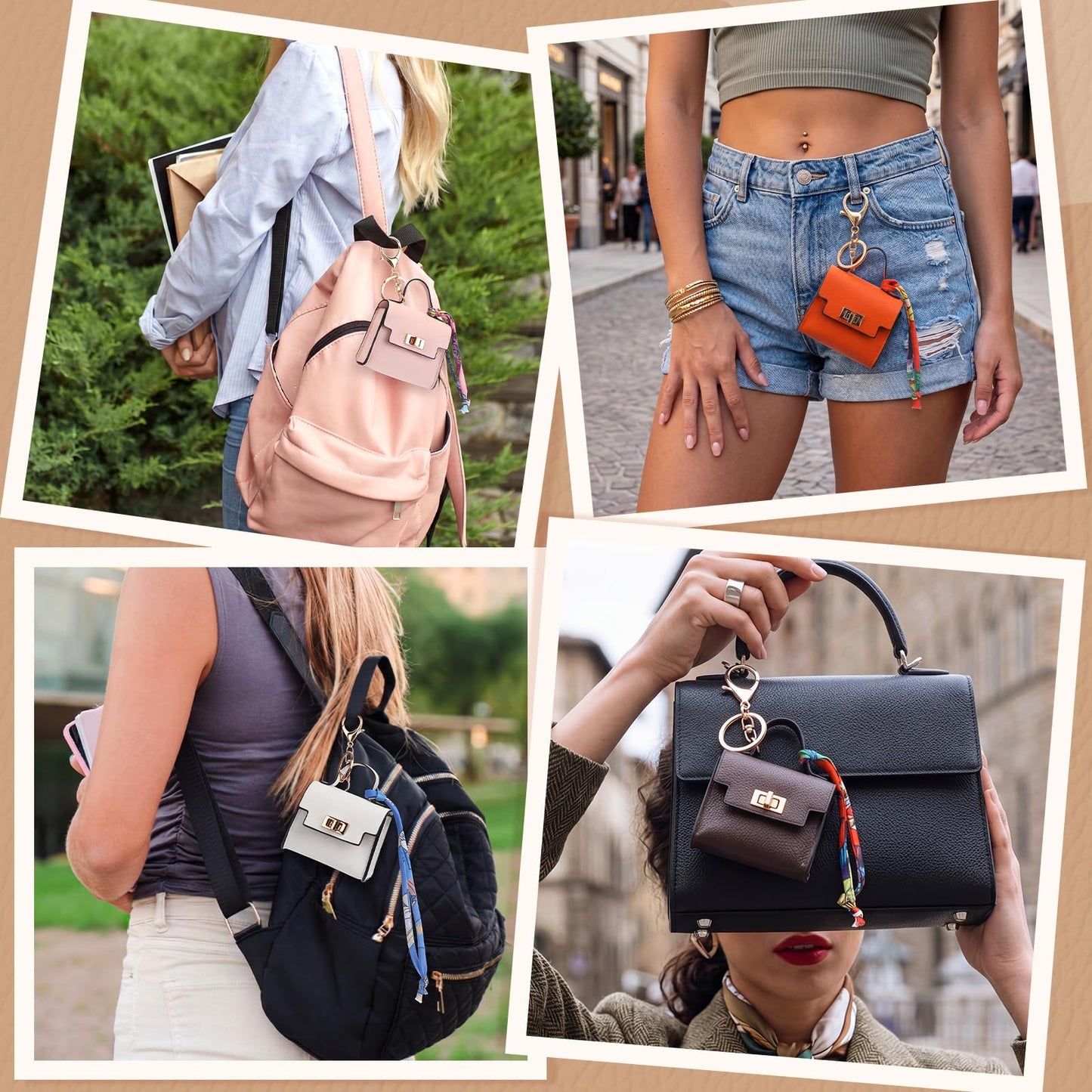 Shinylin 6 Pcs Mini Backpack Keychain Cute Cosmetic Bag for Women PU Leather Makeup Bag Key Pocket Lipstick Bags Card Holder Data Cable Organizer Zipper Pouch with Lanyard Ideal for Gift (Elegant)