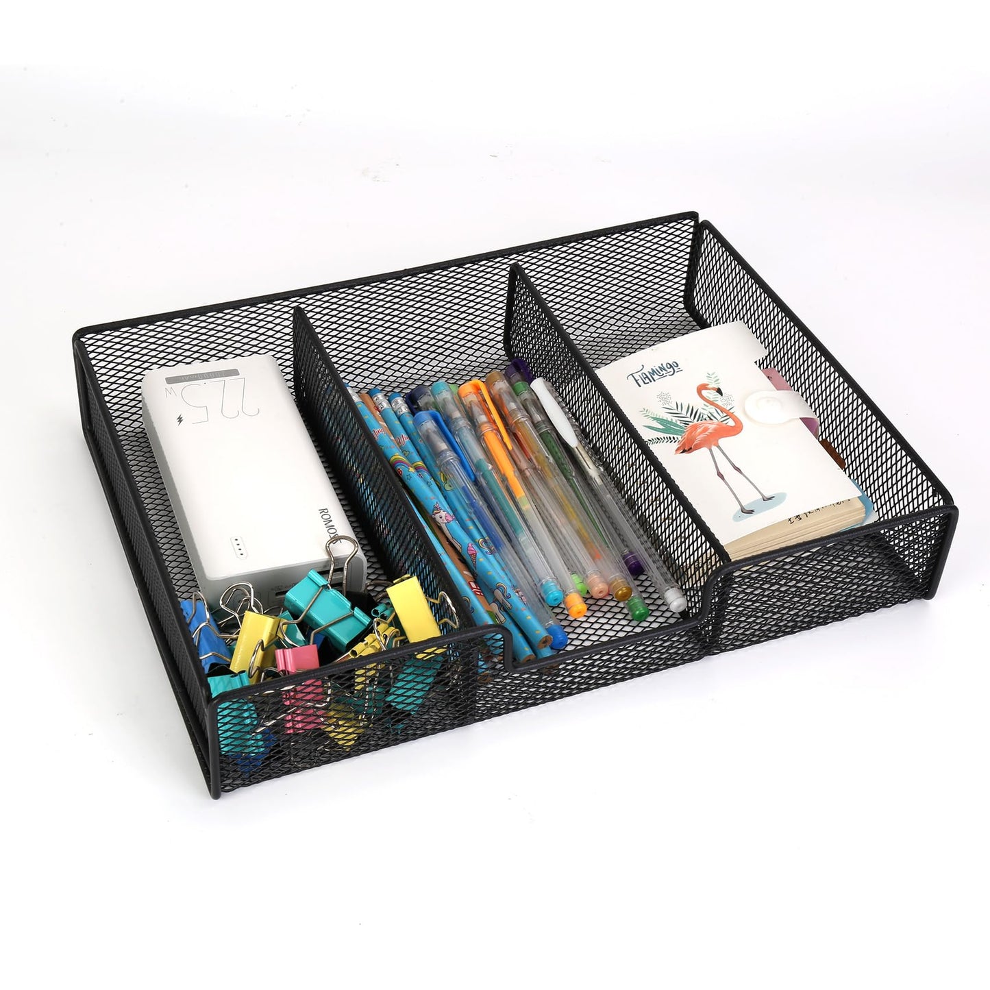 Desk Drawer Organizer Tray, Office Junk Drawer Organizer with 3 Compartments, Metal Mesh Dividers Pen Pencil Storage Box for Office Supplies Desk Accessories Workspace School Cosmetic Organization