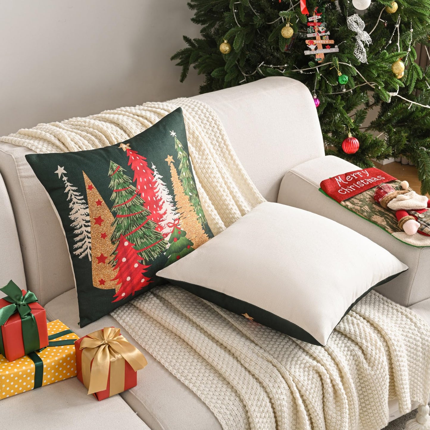 FUTEI Decorative Christmas Tree Pillow Covers 18x18 Inch Set of 2,Christmas Green Linen Cushion Cases, Winter Christmas Throw Pillows for Sofa Couch Bed Living Room