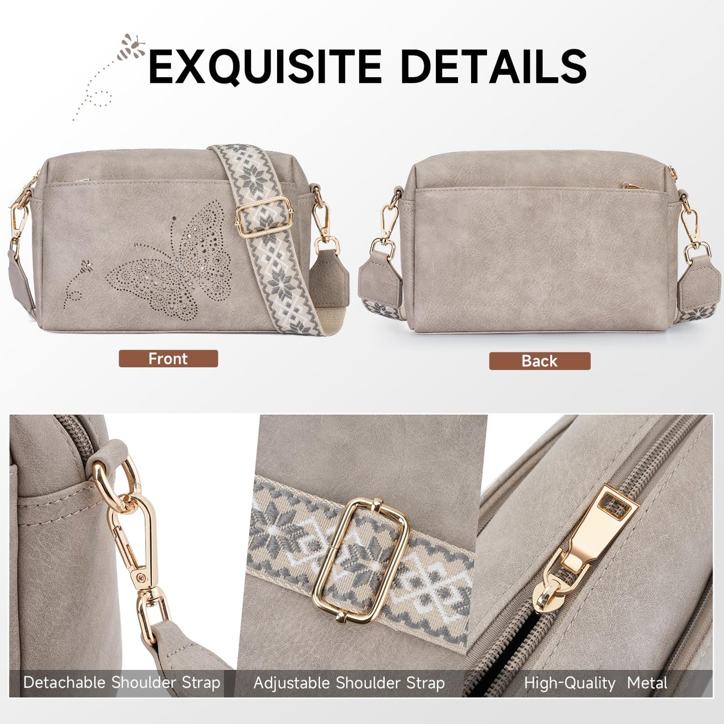 KITEVIUN Crossbody Bags for Women, Vegan Leather Phone Purse Triple Zip Butterfly Women’s Shoulder Handbags with Wide Strap Gray