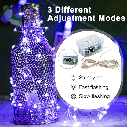 pozzolanas 100 Pack Purple Fairy Lights Battery Operated 3 Modes 7FT 20 LED Waterproof String Lights Twinkle Silver Wire for Mason Jars Wedding Christmas Halloween Party Decor (100, Purple)