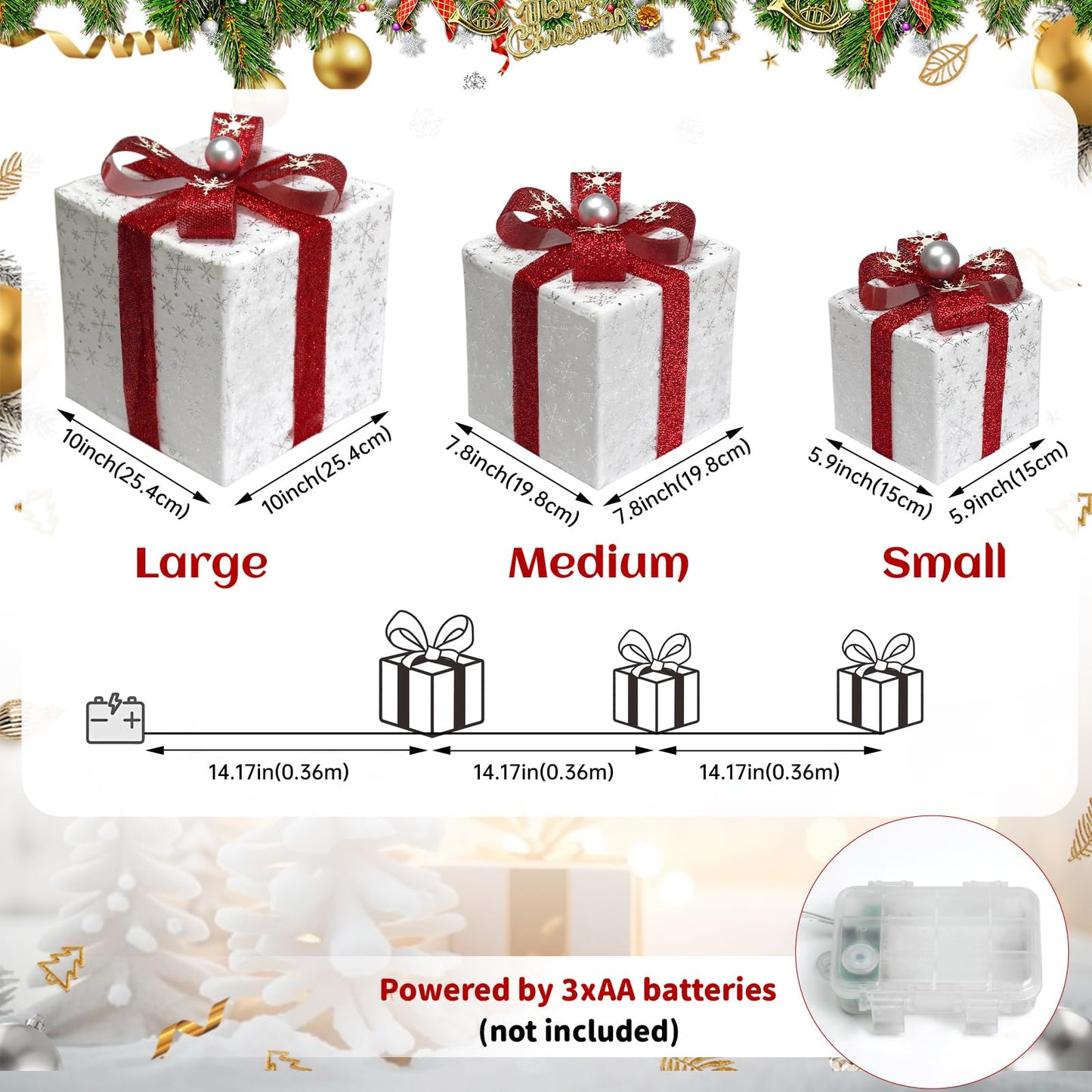 Set of 3 Christmas Lighted Gift Boxes, 60 LED Christmas Lighted Gift Boxes, Presents Box with Silver Christma Ball Ornaments for Xmas Tree, Yard, Home, Indoor Outdoor Holiday Decor