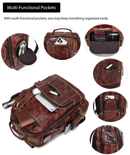 LANNSYNE Full Grain Leather Backpack For Men, Fits 16" Laptop, Coffee