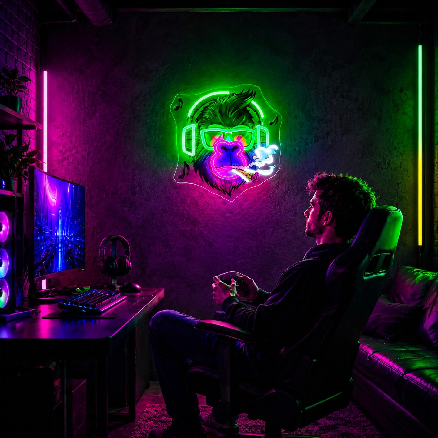 Gdbkabf Neon Sign, Gorilla Neon Signs for Wall Decor - Gorilla with Headphones LED Light for Game Room/Man Cave/Bar/Club - USB Powered Light Up Sign Decorations
