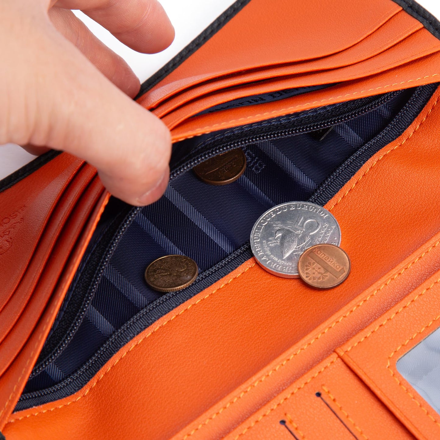 BISON DENIM RFID Bifold Wallets Slim Credit Card Wallet Real Leather Mens Long Wallet with Zipper Coin Pocket (W4470-Orange)