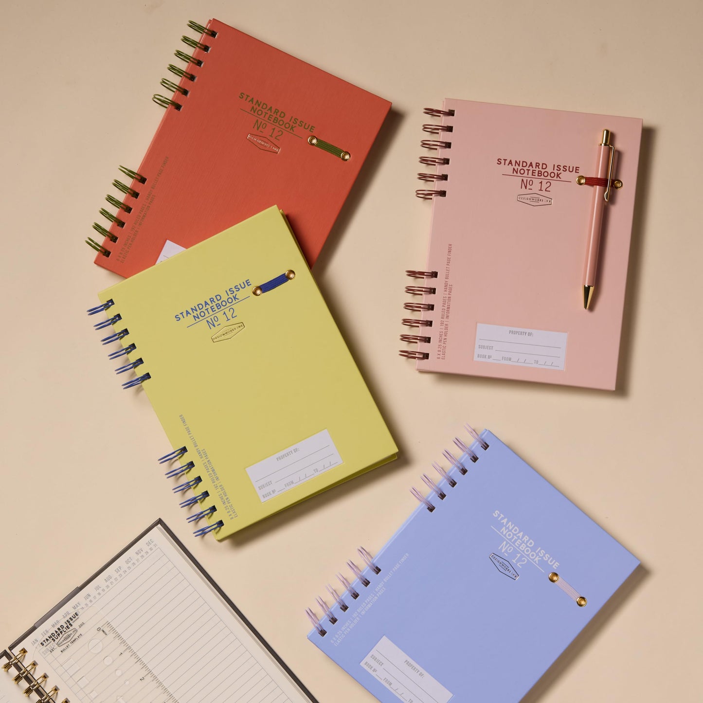 DesignWorks Ink Standard Issue Notebook No. 12, Undated Daily Planner & Writing Journal, 192 Lined Pages, Elastic Pen Holder, Small Spiral Notebook for Work & Journaling, 6 x 8.25 in, Army Green + Chili