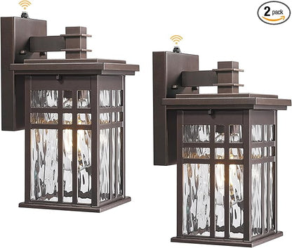 Outdoor Wall Sconce 2-Pack, HWH Dusk to Dawn Exterior Wall Light Fixtures, Farmhouse Outside Lights for House Oil-Rubbed-Bronze with Water Ripple Glass, 5HD27B-PC-2PK ORB-WP