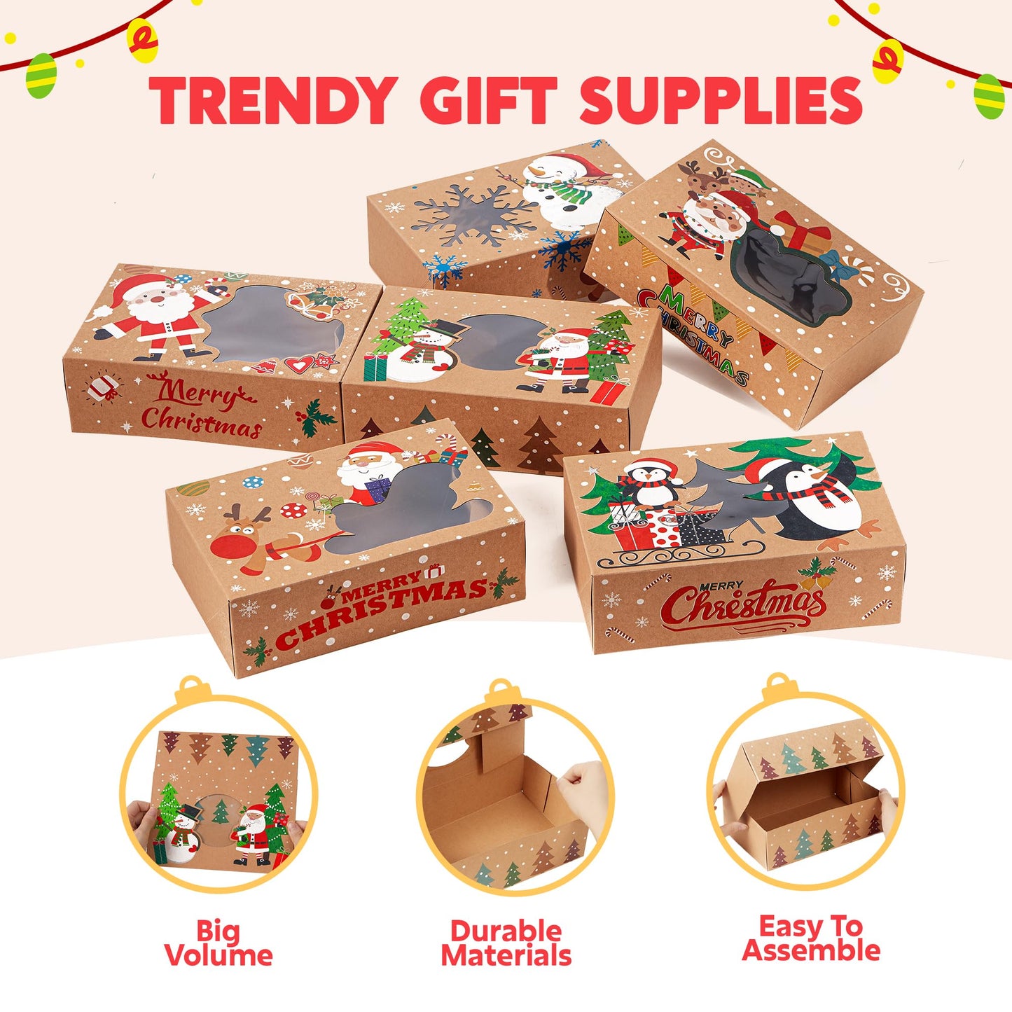 JOYIN 12PCS Christmas Cookie Boxes for Gift Giving, 8.75" x 5.75" x 2.75" Xmas Holiday Bakery Treat Boxes with Window, Kraft Cookie Tin Container Box for Baked Goods, Cupcake, Pastry, Candy, Doughnut