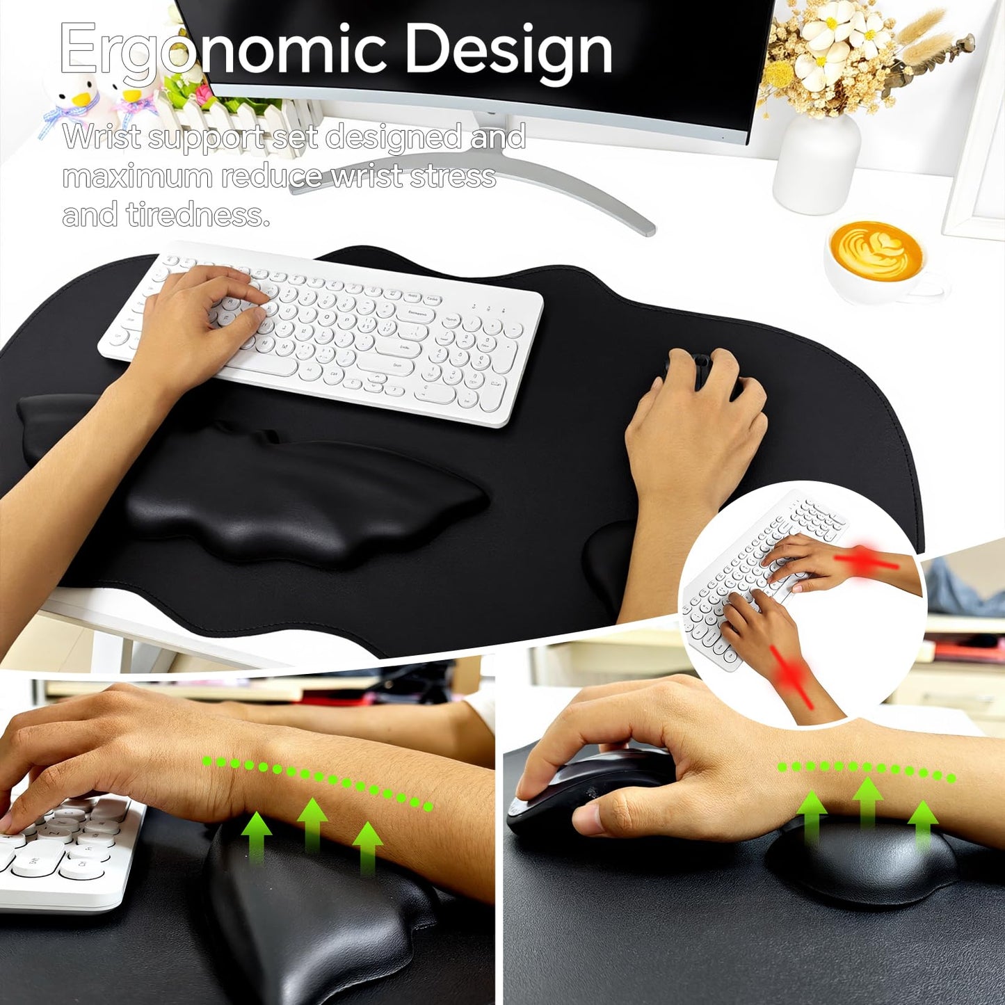 Tscuite Bat Mouse Pad, PU Leather Mousepad, 3 in 1 Keyboard Wrist Rest and Mouse Wrist Rest, Ergonomic Bat Wrist Rest Waterproof Leather Surface, Easy Typing Cushion with Memory Foam for Home Office