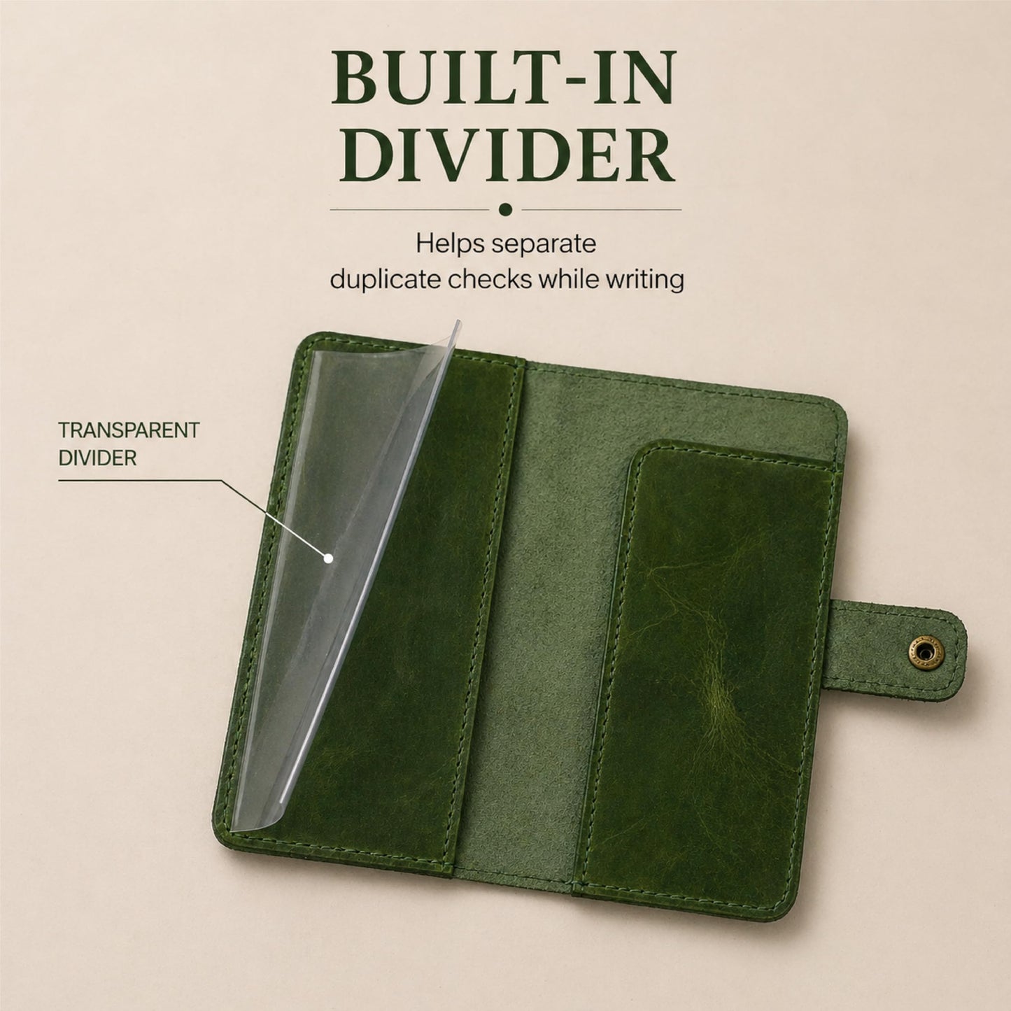 TheAntiq Genuine Leather Checkbook Cover Green - Handmade Check Holder with Divider & ID Window, Slim Organizer Wallet for Business, Travel & Everyday Use, 3.5 x 7 in