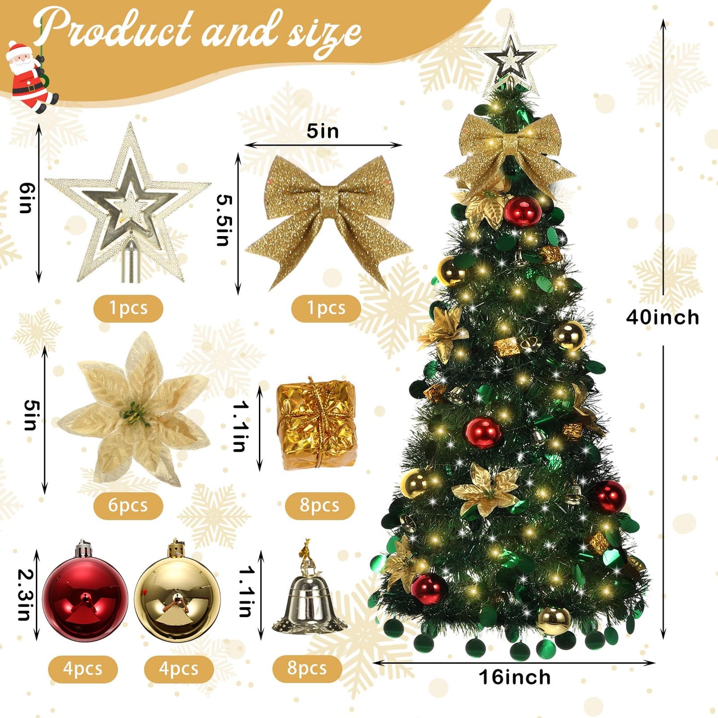 Suncalla Wall Christmas Tree with Lights 40inch, Artificial Wall Hanging Xmas Decoration with 50 LED String Lights, Saving-Space Door Hanging Xmas Tree Small Space Home School Office(Gold)
