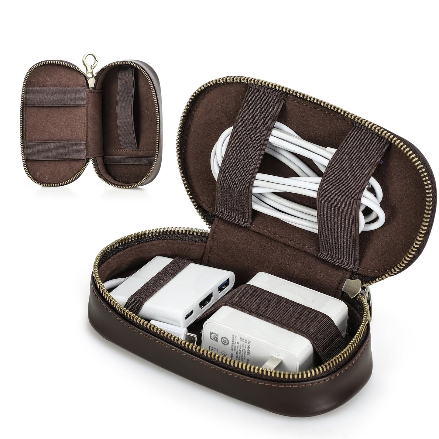 Hiram Handmade Full Grain Oil Bead Leather Tech Pouch – Digital Accessories Travel Case Portable Tech Organizer with Elastic Straps for USB Cables for Business Travel & EDC