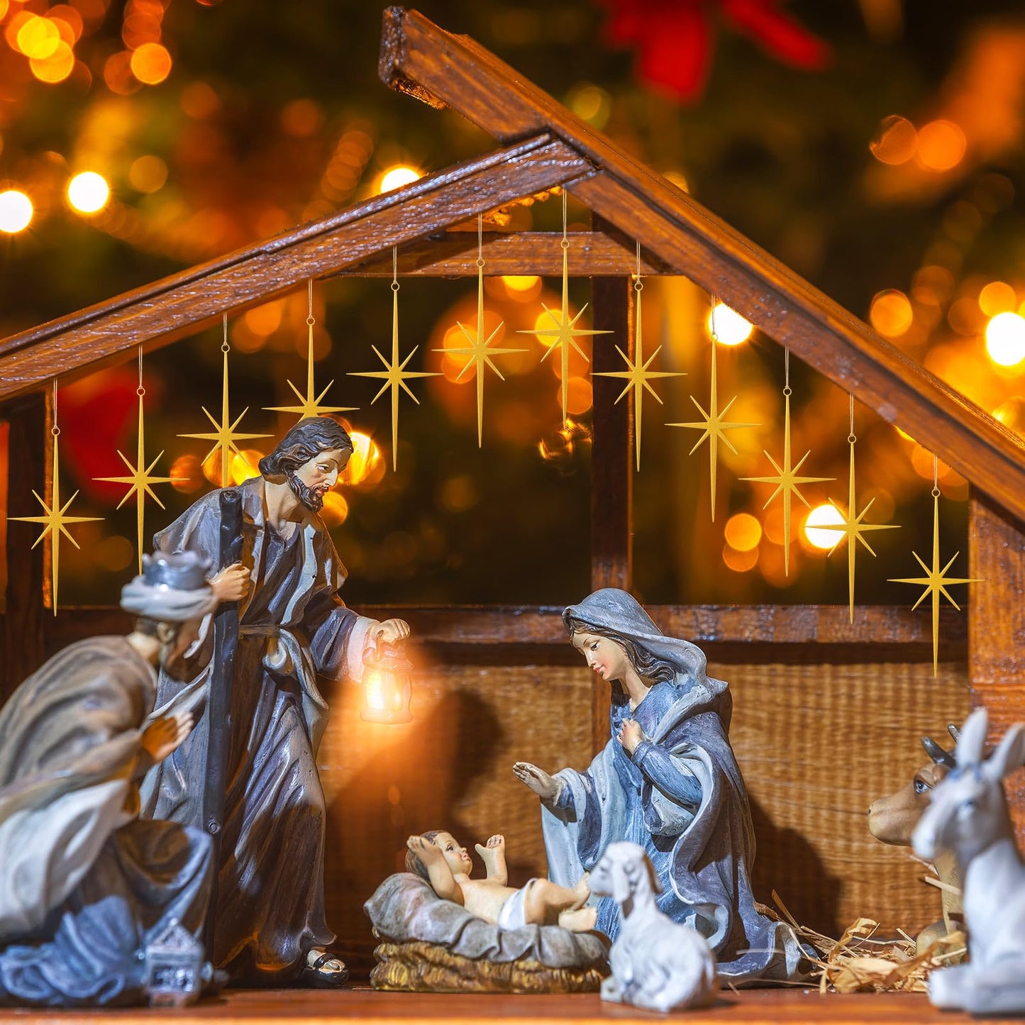 MorningRo 20 Pcs Gold Glitter Star Ornament for Tree Glitter Metal Nativity Star of Bethlehem Ornaments Golden Cast Iron 3.15inch Religious Nativity Scene Hanging Gift for Party Decor