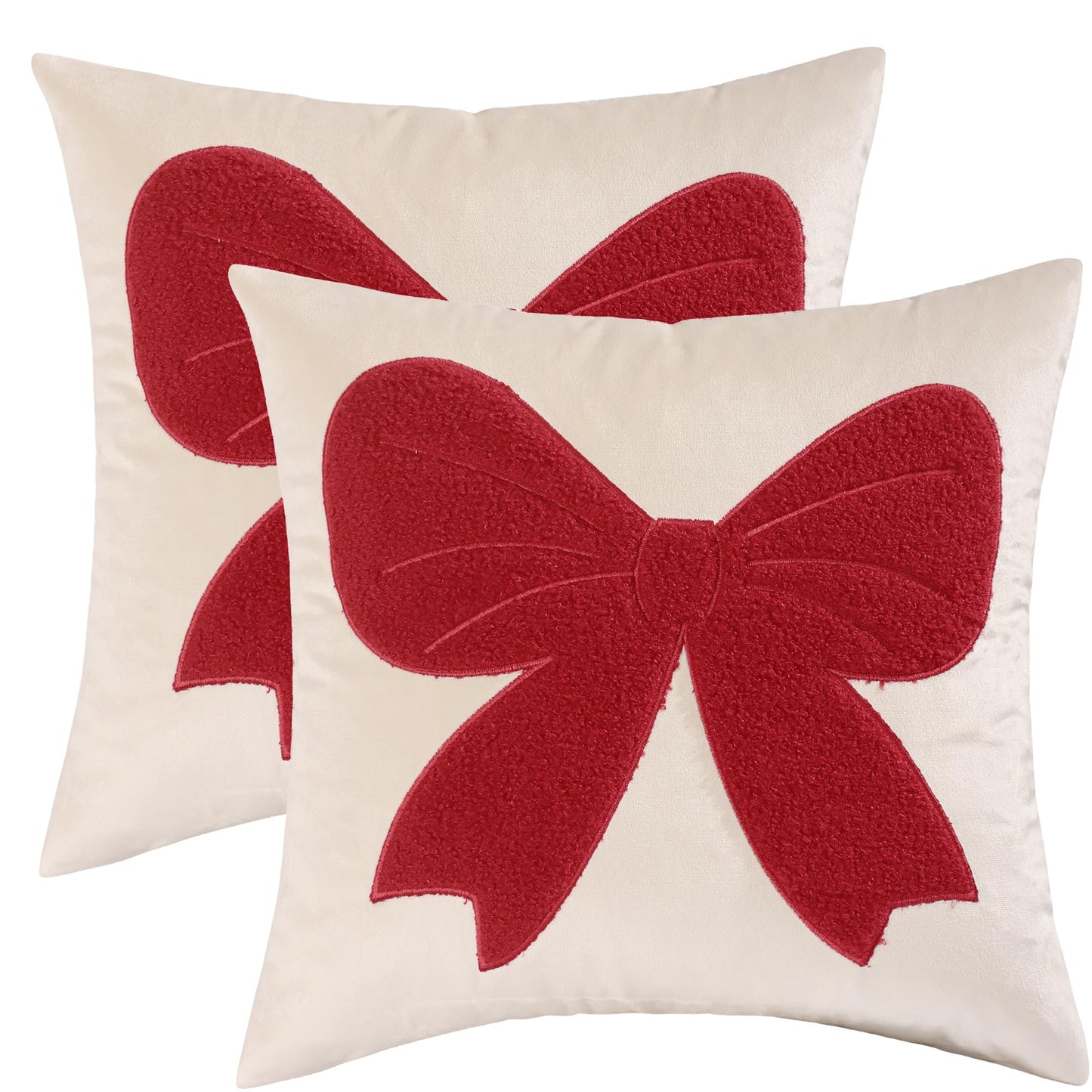 Tosleo Red Bow Pillow Covers 18 x 18 inch Set of 2 Velvet Embroidery Throw Pillow Cover Merry Xmas Party Decor Pillowcase Winter Holiday Cushion Case