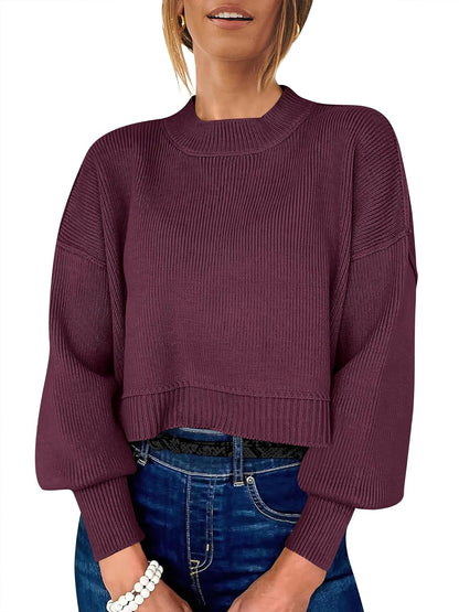 ANRABESS Womens Cropped Sweaters Oversized Crewneck Long Batwing Sleeve Side Slit Ribbed Knit Pullover Tops 2025 Fall Clothes