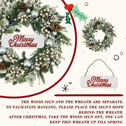 YNYLCHMX 20 Inch Winter Wreath for Front Door, Winter Wreaths with Welcome Sign Pine Needle Pine Cone Berry Artificial Door Wreaths for Window Wall Fireplace Farmhouse Holiday Party Decoration