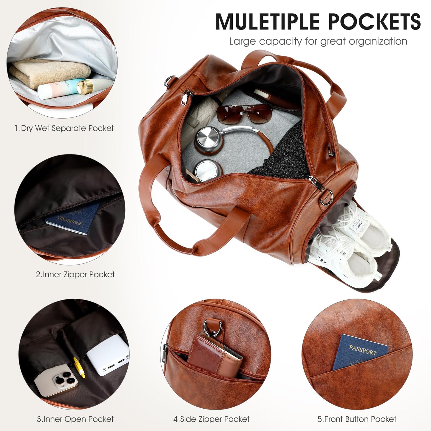 Wogarl 3PCS Faux Leather Weekender Bag for Women Men Large Overnight Travel Duffel Bags with Shoe Compartment Toiletry Packing Cube Carry On Duffle Fit 21" Laptop(Dark Brown)