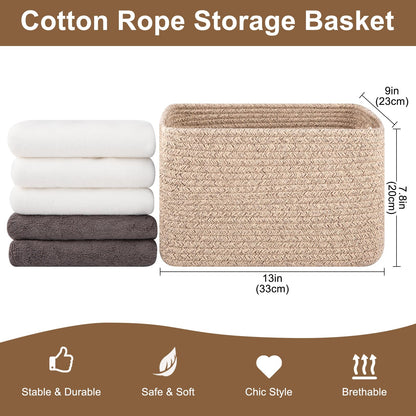 OIASKET Storage Baskets for Organizing, Woven Decorative Baskets for Shelves - Books, Towels, and Clothes, Cotton Rope Toy Storage Bins, 12.7''Lx9''Wx7.8''H, Pack of 4, Brown