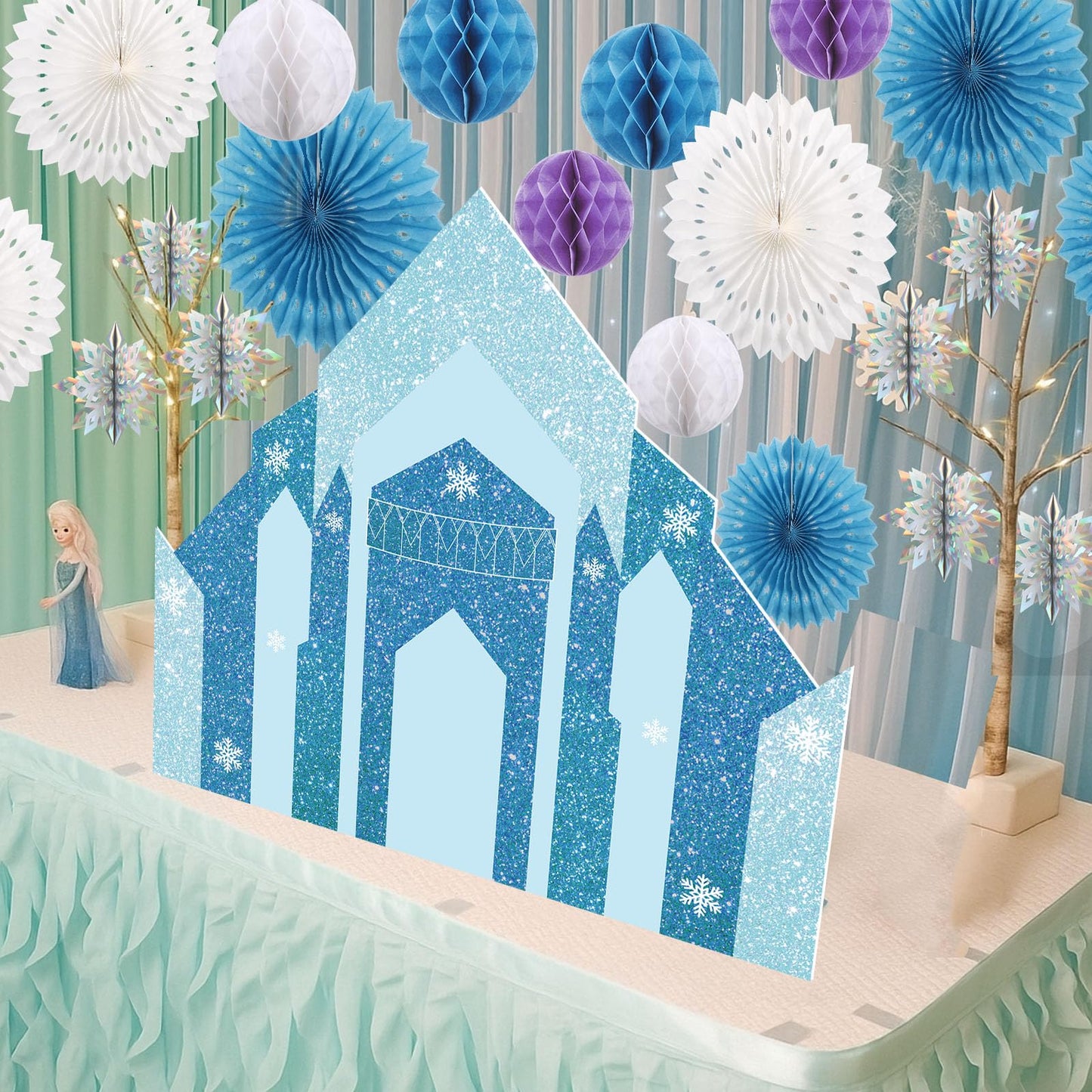 Colarr 18 Pcs Wonderland Snowflake Castle Birthday Party Decorations Winter Decorations Table Centerpiece Ice Winter Snowflake Castle Foam Board Hanging Iridescent Balls Wonderland Birthday Decor Kit