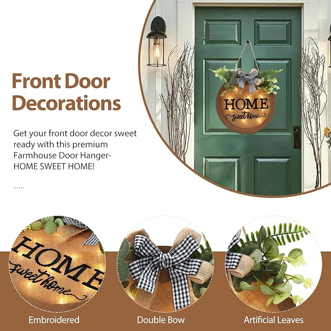 HOMCDALY Welcome Sign for Front Door, Door Wreaths for Front Door Outside, Farmhouse Welcome Wooden Door Hanger, Rustic Wall Door Sign, Seasonal Home Decorations (F-Brown)