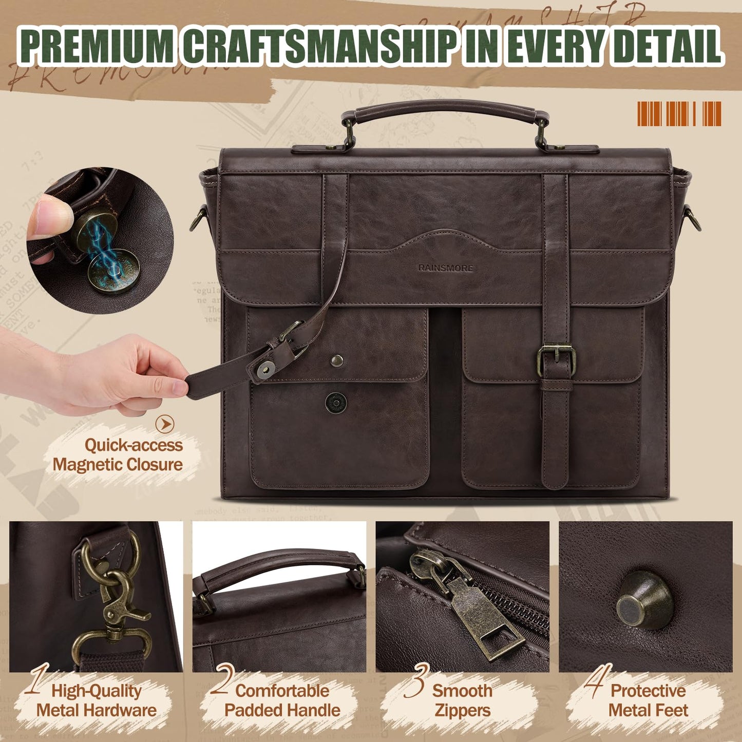 RAINSMORE Mens Messenger Bag 17 Inch Vintage Leather Laptop Briefcase Magnetic Closure Large Satchel Computer Shoulder Bag for Office Travel College, Coffee